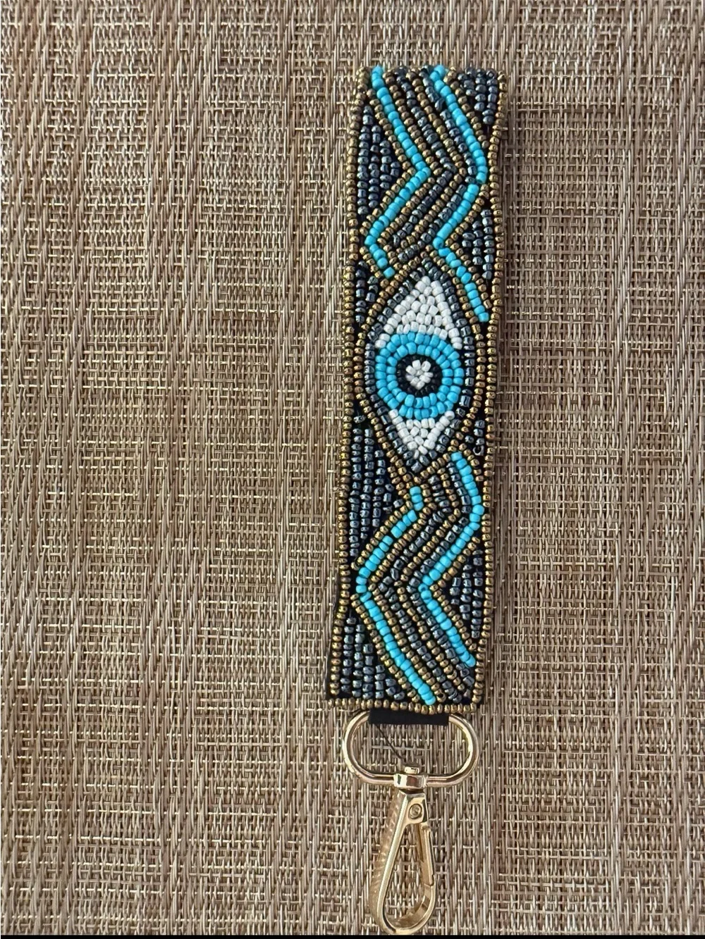 Beaded Evil Eye Wristlet Keychain - Turquoise, Black & Gold